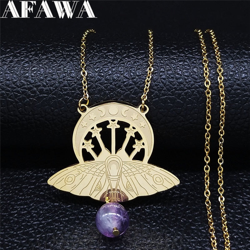 Witchcraft Pentagram Bat Stainless Steel Statement Necklace Women Gold Color Crystal Statement Necklace Jewelry joyas N3059S02