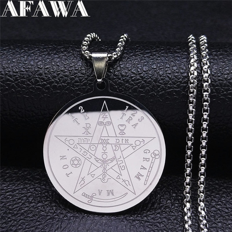 Witchcraft Pentagram Divination Stainless Steel Chain Necklace Women Silver Color Necklaces Jewelry collier ras de cou N4511S02