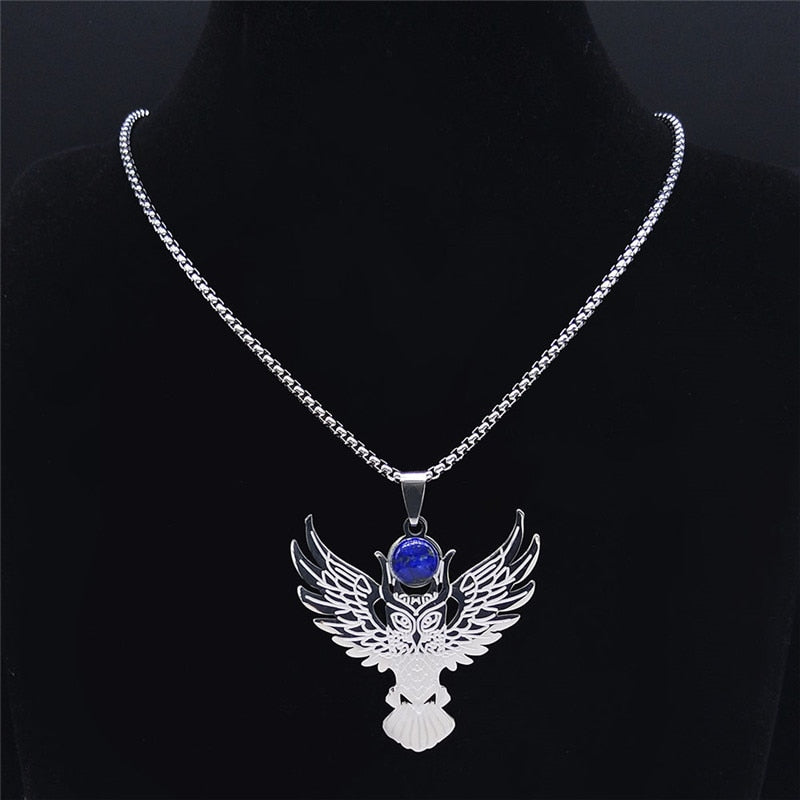 Witchcraft Spearhead Eagles Stainless Steel Chain Necklaces Silver Color Lapis Lazuli Big Necklaces Jewelry collier NZ2257S02