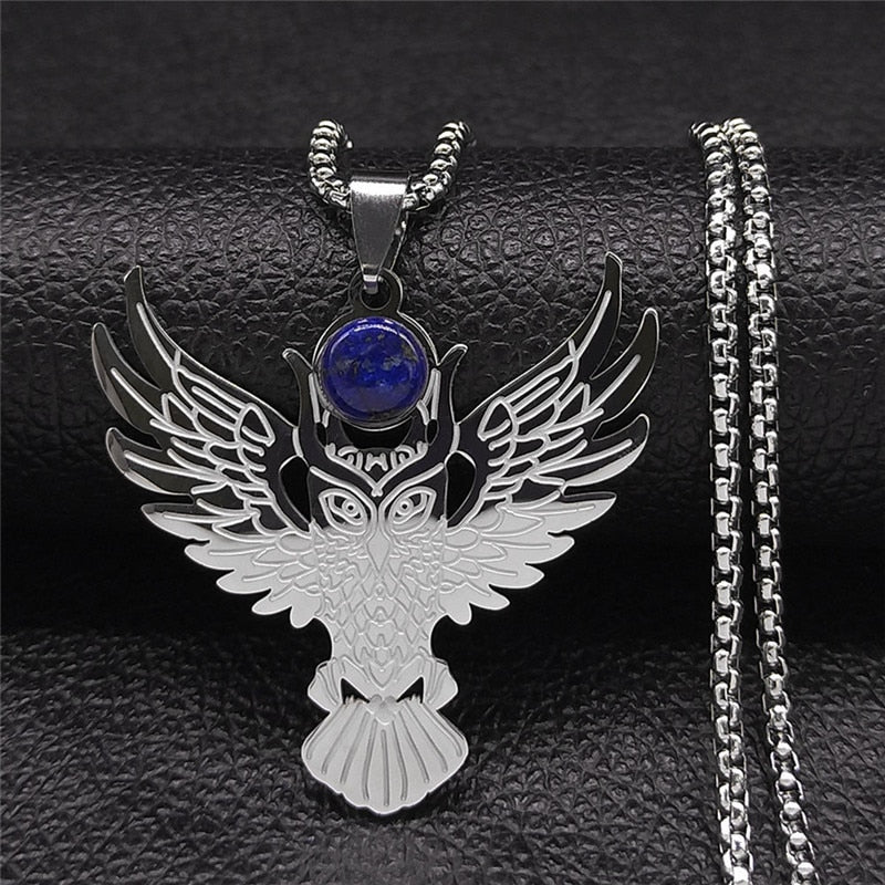Witchcraft Spearhead Eagles Stainless Steel Chain Necklaces Silver Color Lapis Lazuli Big Necklaces Jewelry collier NZ2257S02