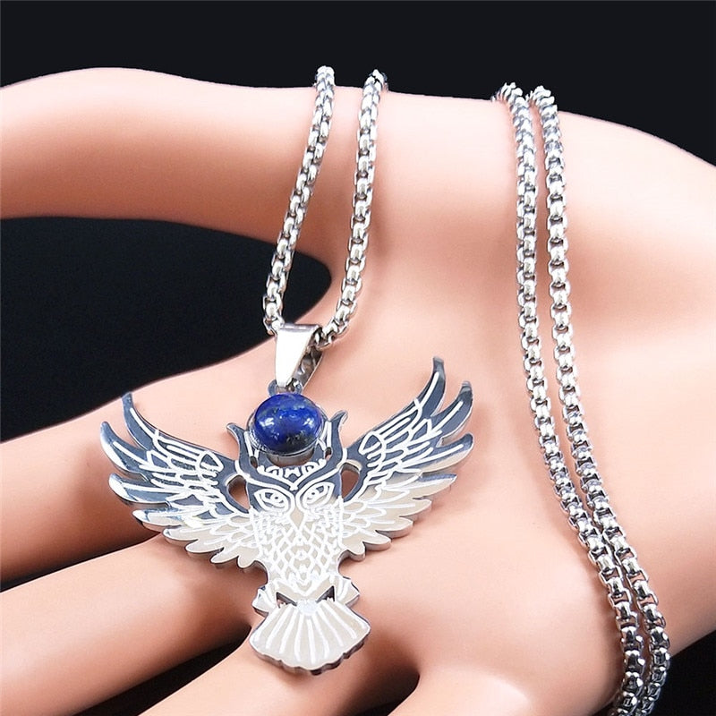 Witchcraft Spearhead Eagles Stainless Steel Chain Necklaces Silver Color Lapis Lazuli Big Necklaces Jewelry collier NZ2257S02