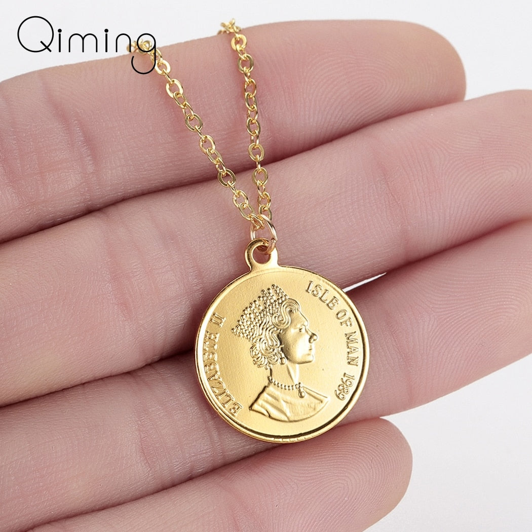 Woman Coin Necklace Golden Color Ten Cents Coin Sea Spirit Ngoreru Elizabeth Isle Of Women Statement Necklace Collier Gift