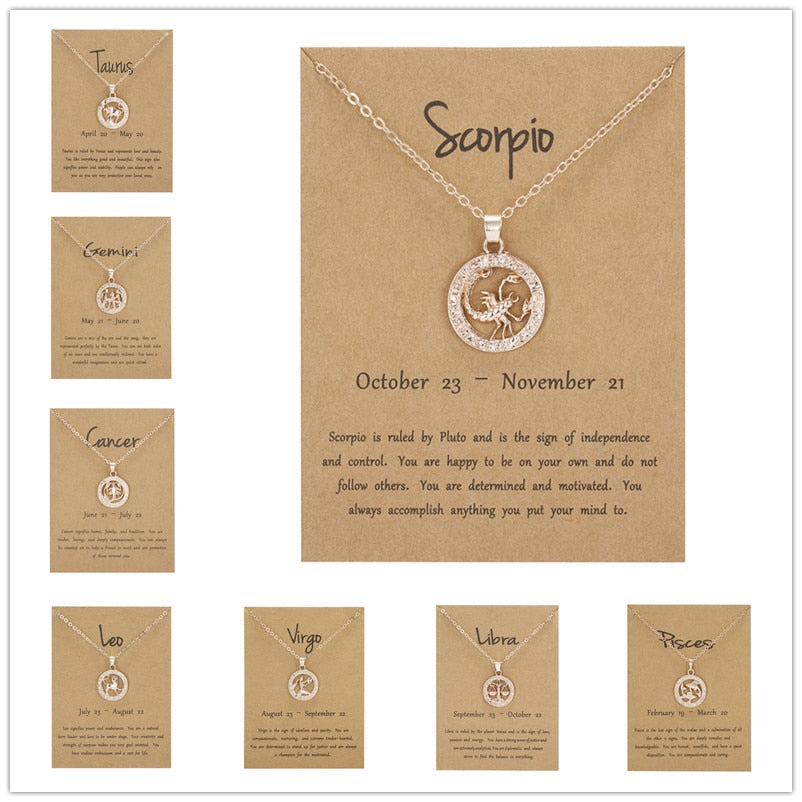 Women 12 Constellation Animal Necklace Rose Gold Zodiac Sign Pendant Cardboard Star Scorpio Necklace Jewelry