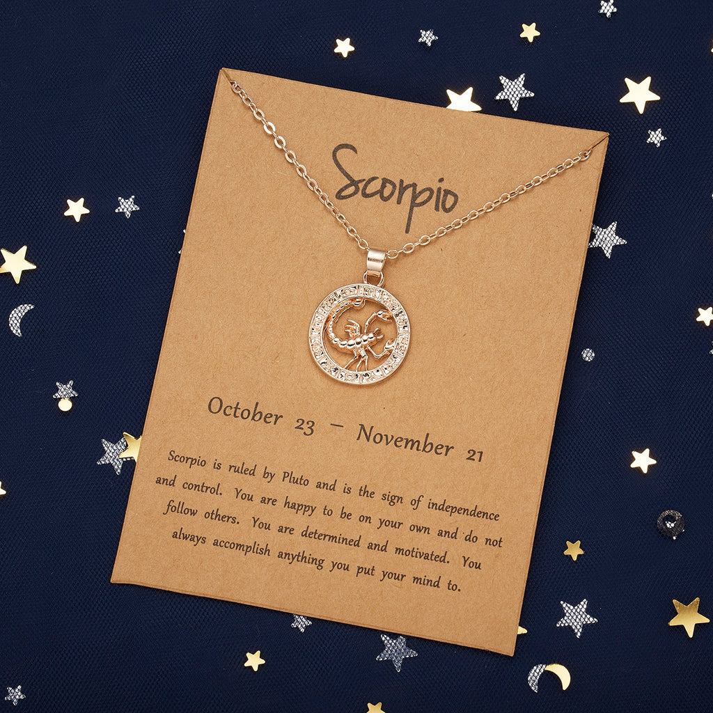 Women 12 Constellation Animal Necklace Rose Gold Zodiac Sign Pendant Cardboard Star Scorpio Necklace Jewelry