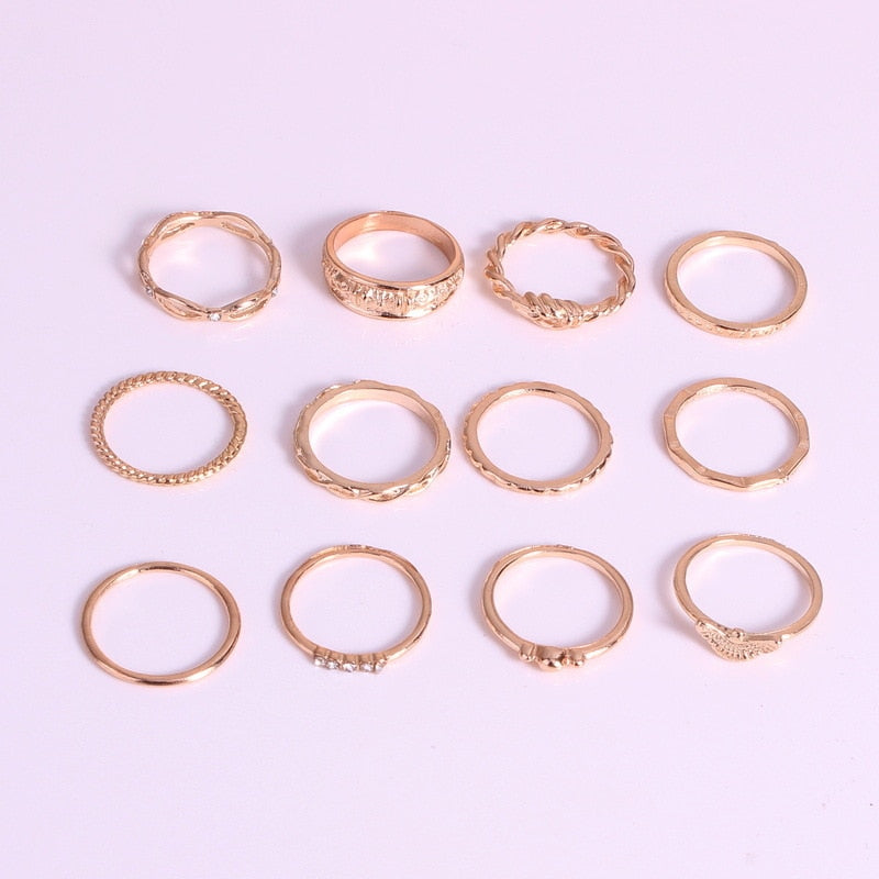 Women 12 PCS Vintage Simulated Stone Finger Ring Set Antique Gold Silver Hollow Out Bohemian Midi Ring Female Jewelry