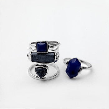 Women 4 PCS Vintage Simulated Stone Finger Ring Set Antique Gold Silver Hollow Out Bohemian Midi Ring Female Jewelry