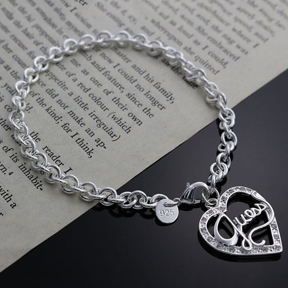 Women 925 Stamp Silver Color Heart Pendant Chain Bracelets Wedding Engagement Charm Party Jewelry Christmas