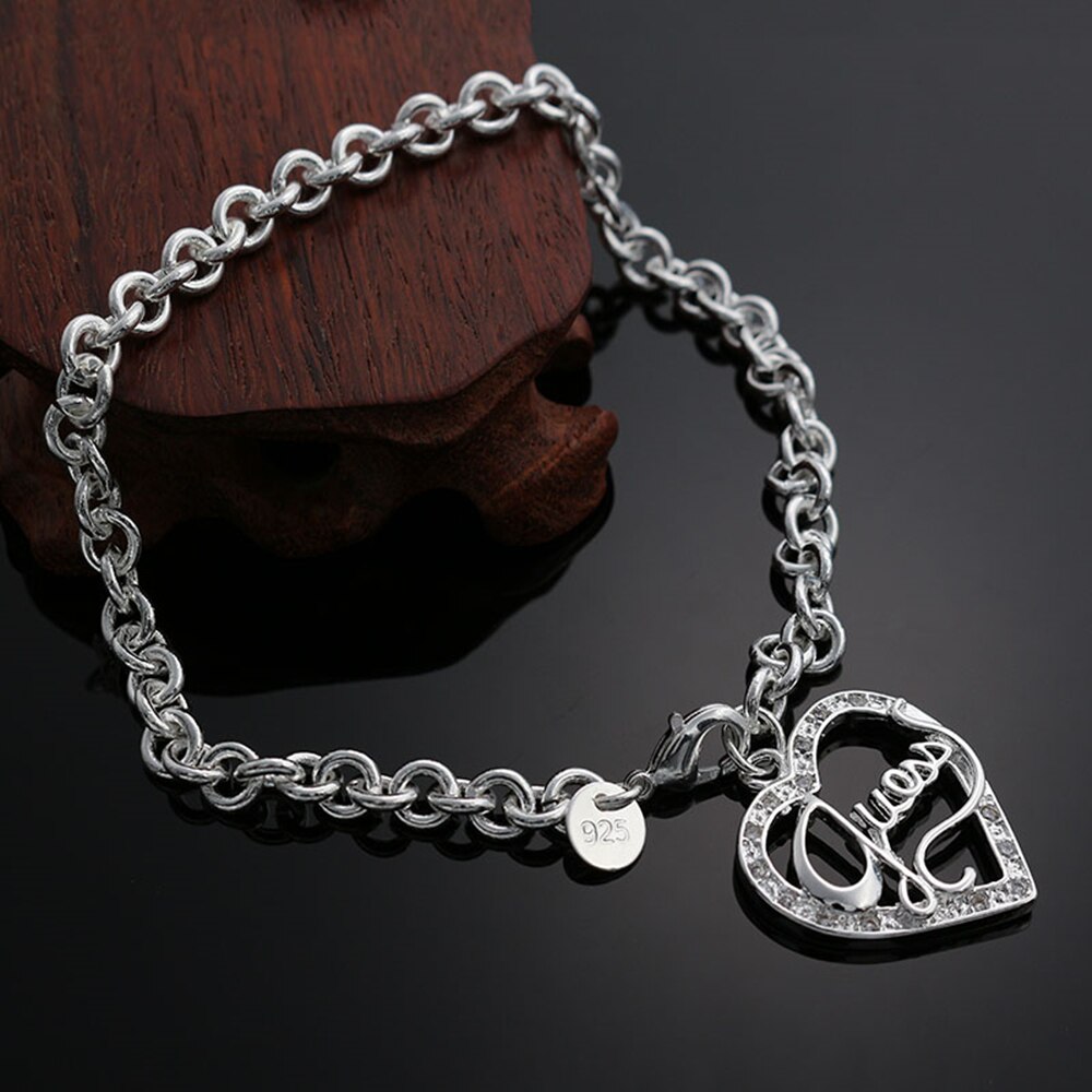 Women 925 Stamp Silver Color Heart Pendant Chain Bracelets Wedding Engagement Charm Party Jewelry Christmas