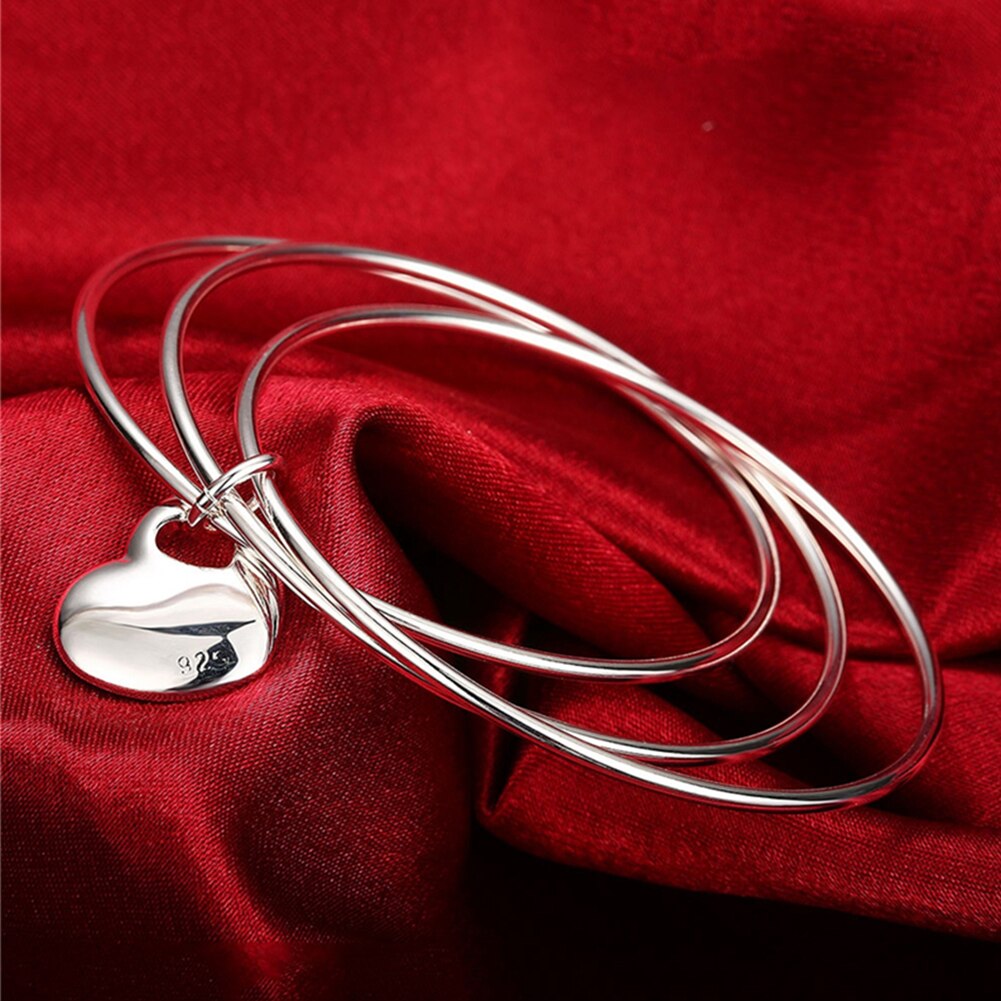 Women 925 Stamp Silver Color Three Round Love Heart Bangles Bracelets on Hand Wedding Party Charm Jewelry Christmas