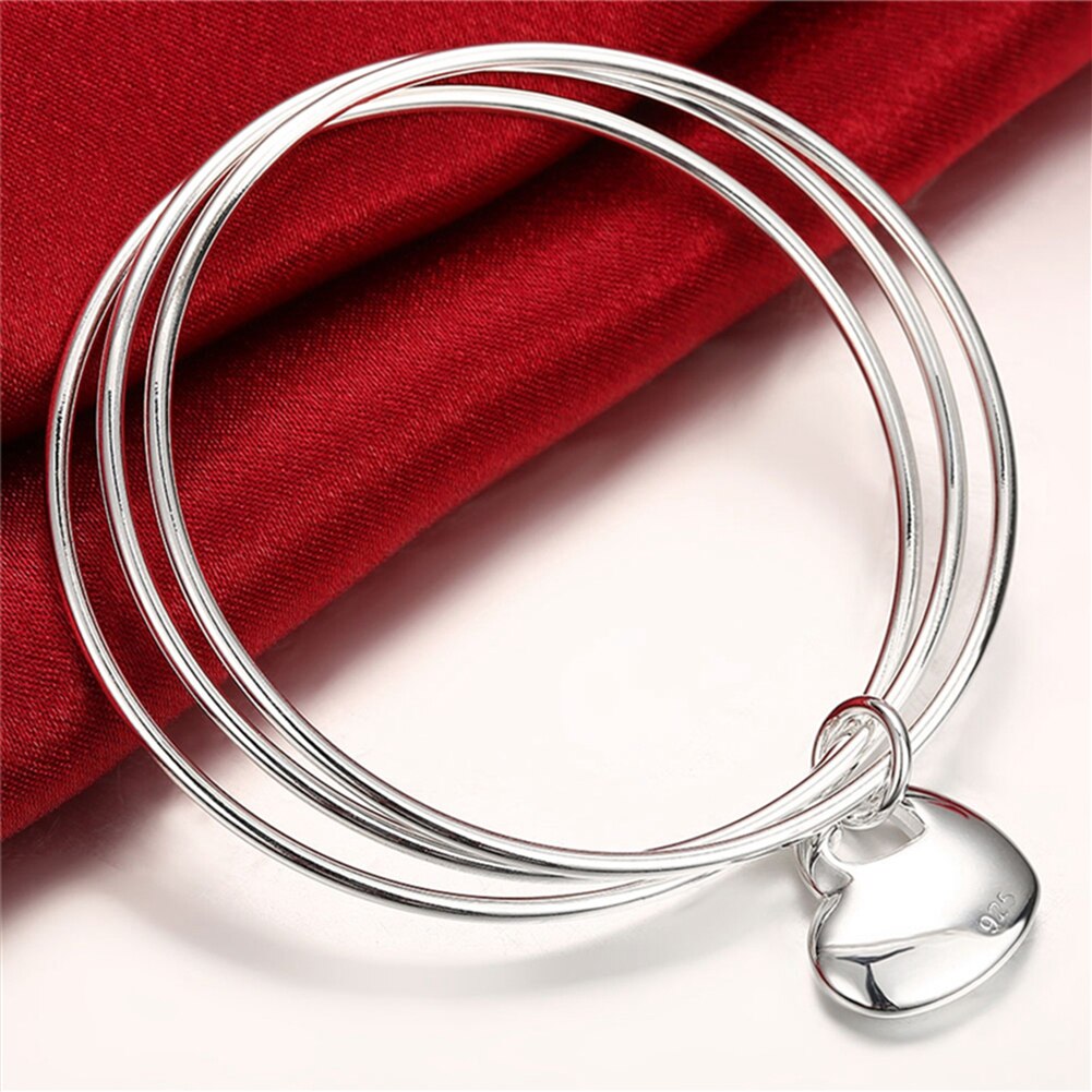 Women 925 Stamp Silver Color Three Round Love Heart Bangles Bracelets on Hand Wedding Party Charm Jewelry Christmas