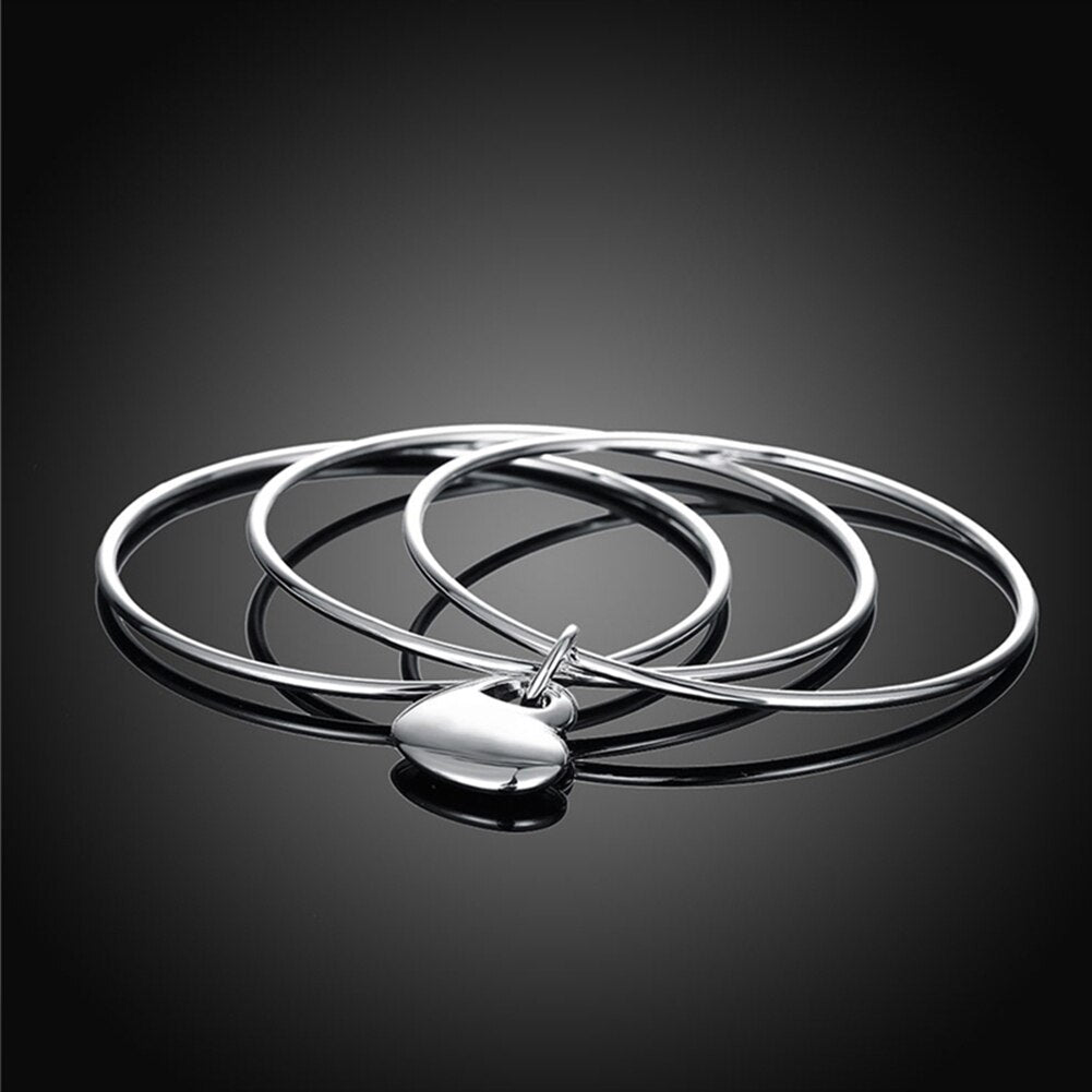 Women 925 Stamp Silver Color Three Round Love Heart Bangles Bracelets on Hand Wedding Party Charm Jewelry Christmas