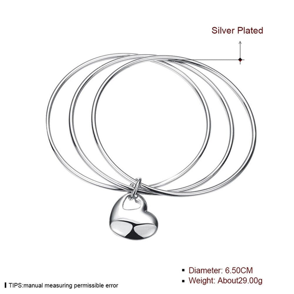 Women 925 Stamp Silver Color Three Round Love Heart Bangles Bracelets on Hand Wedding Party Charm Jewelry Christmas