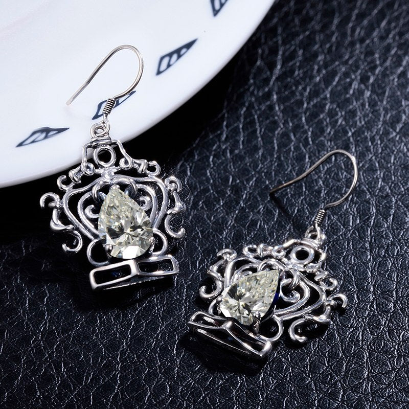 Women 925 Sterling Silver Earrings Vintage Bohemian Eardrop Handmade Crown Lady Wedding Party Earring Lab Precious Stone Jewelry