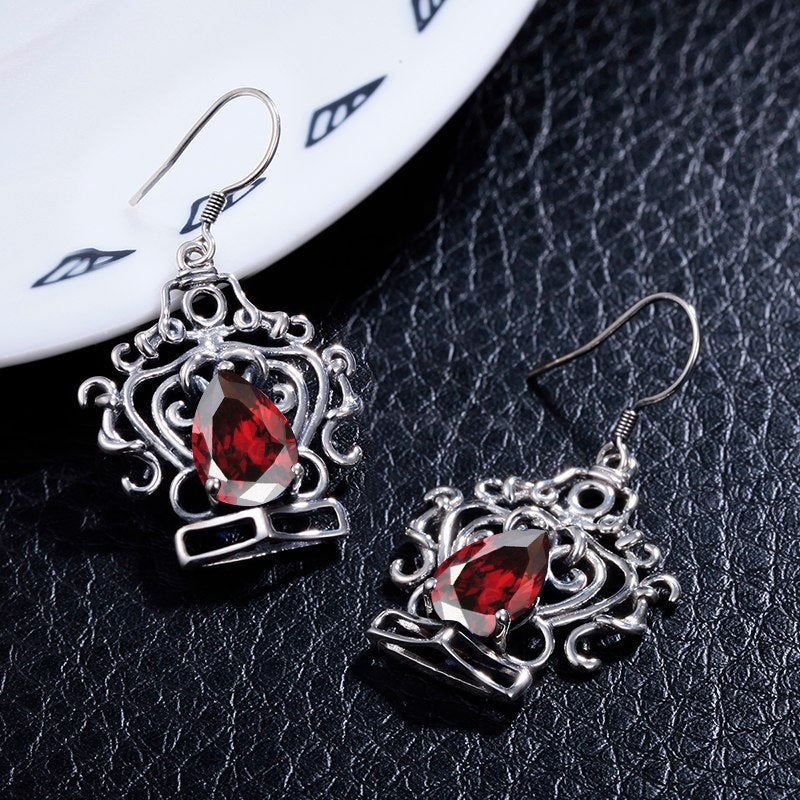 Women 925 Sterling Silver Earrings Vintage Bohemian Eardrop Handmade Crown Lady Wedding Party Earring Lab Precious Stone Jewelry