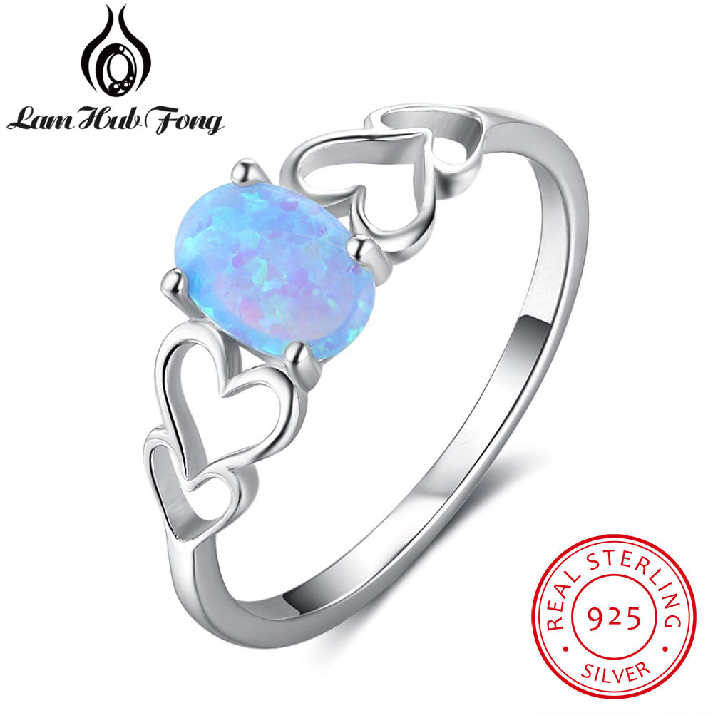 Women 925 Sterling Silver Rings With Oval Blue Fire Opal Stone Hollow Out Heart Wedding Jewelry Female Finger Ring(Lam Hub Fong)