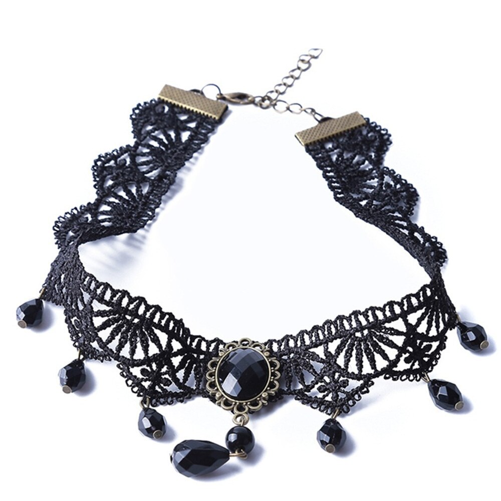 Women Black Lace Choker Gothic Necklace with Crystal For Girls Halloween Grunge Party Custume Vintage Thick Choke Jewelry Gifts