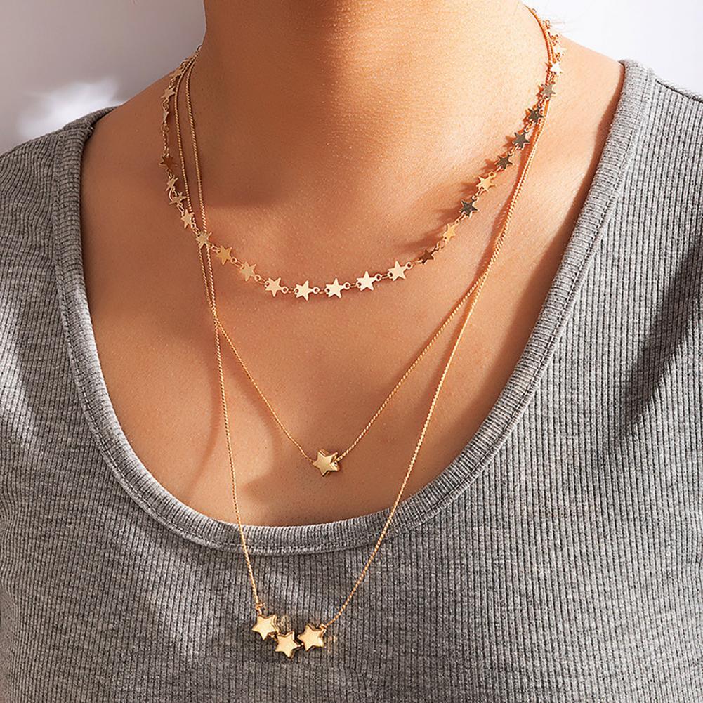 Women Boho Pendant Neckalce Charms Multilayers Solid Color Geometric Five-pointed Star Collarbone Chain Jewelry Collar