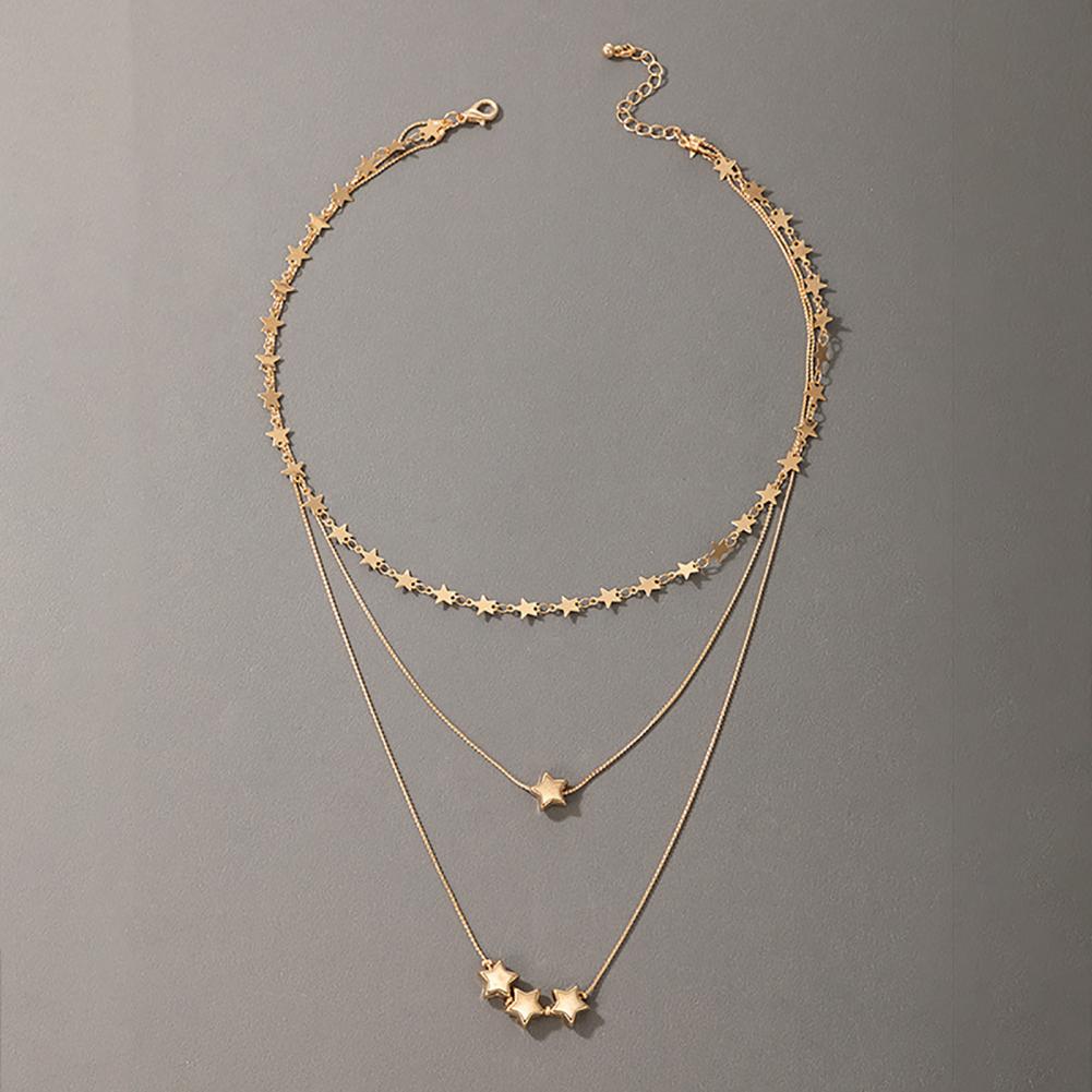 Women Boho Pendant Neckalce Charms Multilayers Solid Color Geometric Five-pointed Star Collarbone Chain Jewelry Collar