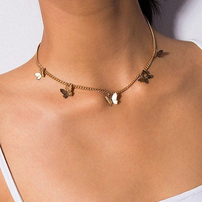 Women Butterfly Choker Necklaces Multi Layer Insect Clavicle Chain Concise Golden Silver Color Female Girl Party Jewelry