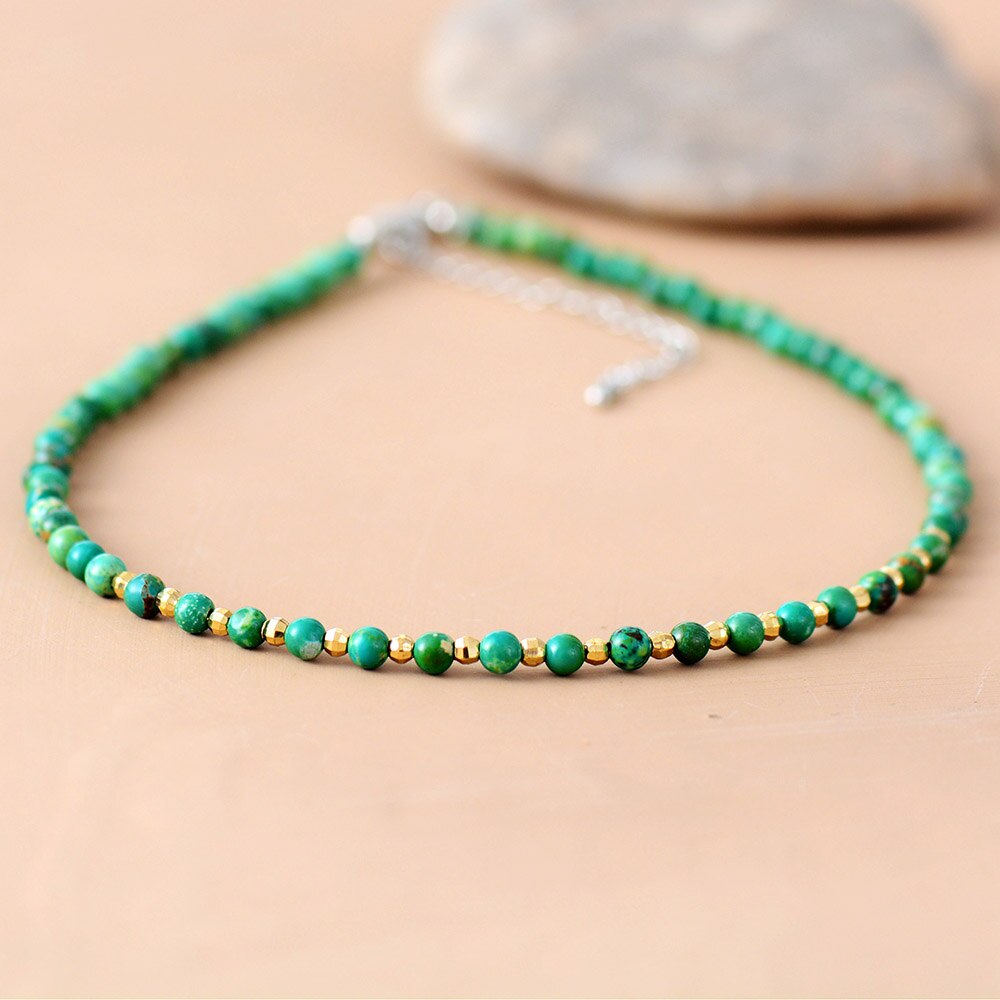 Women Choker 4MM Natural Stone Gold Beads Choker Necklace Teen Girls Simple Collar Necklace Neck Choker Bohemia Jewelry