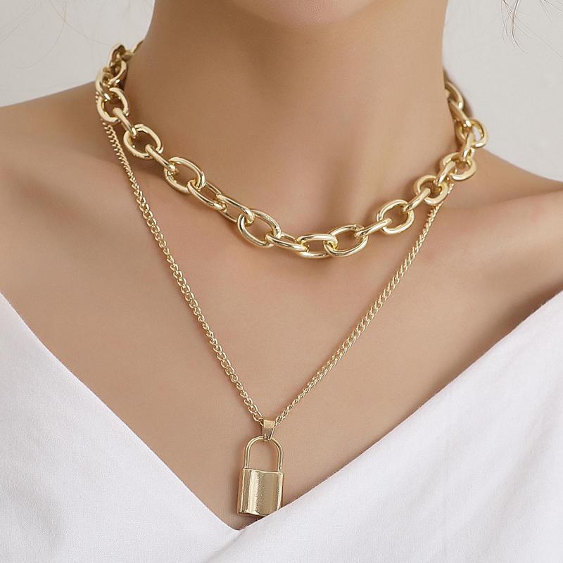Women Choker Necklace Multi Layer Lover Lock Pendant Necklace Steampunk Padlock Chain Necklace Collier Couple Jewelry Gift