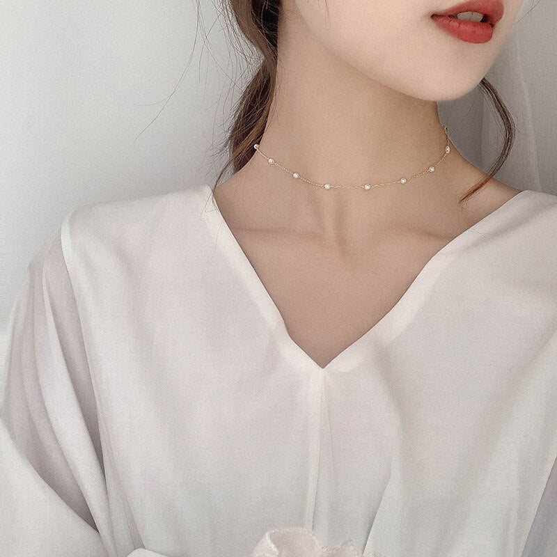 Women Chokers Necklaces Gold Short Link Chain Pearls Necklace Choker Korea Accessories Collares De Moda 2021 Jewelry