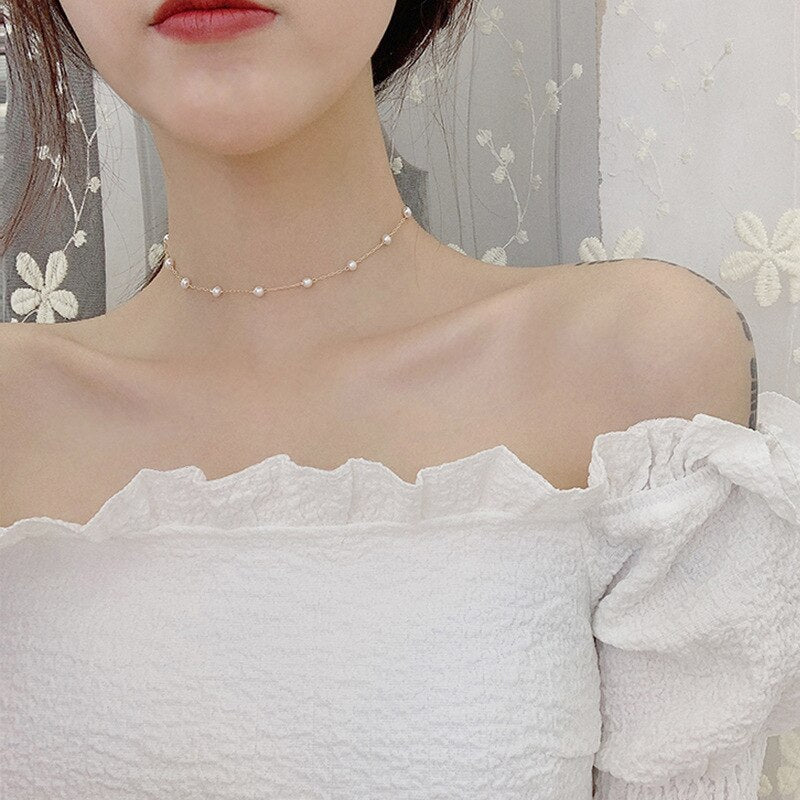 Women Chokers Necklaces Gold Short Link Chain Pearls Necklace Choker Korea Accessories Collares De Moda 2021 Jewelry