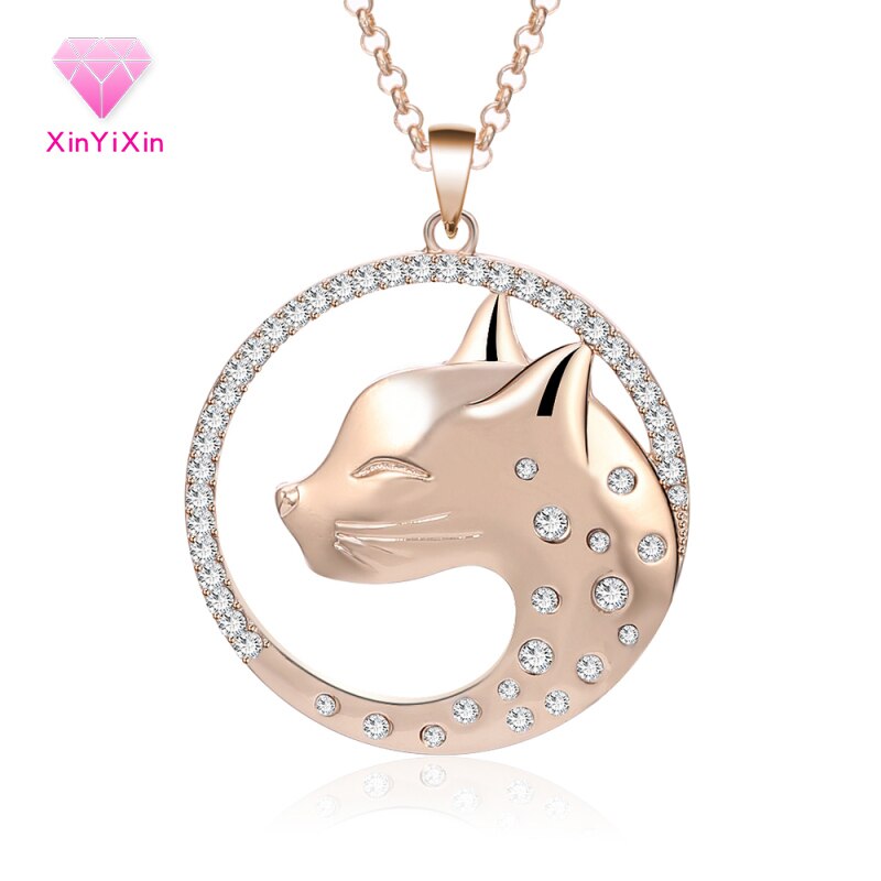 Women Crystal Cat Pendant Necklace Silvery Rose Gold Color pendentif Round Pet Pendant Necklace Long Chains Jewelry colgante
