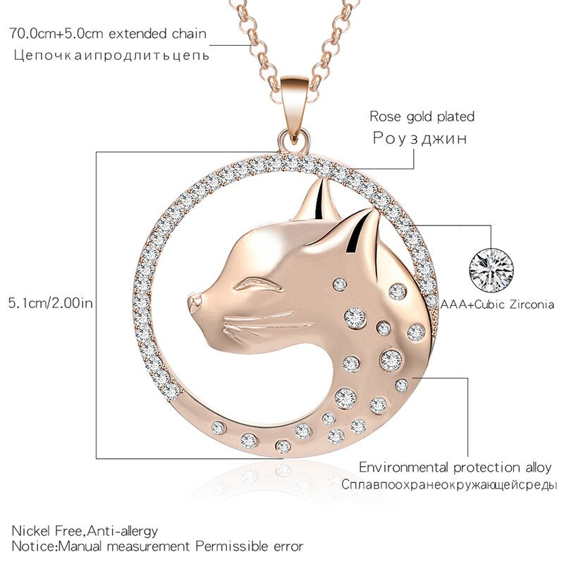 Women Crystal Cat Pendant Necklace Silvery Rose Gold Color pendentif Round Pet Pendant Necklace Long Chains Jewelry colgante
