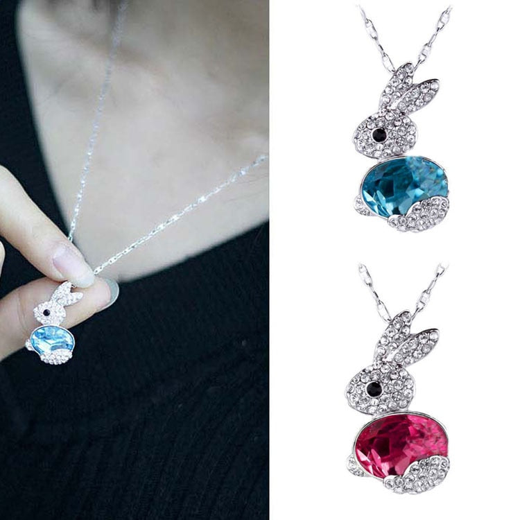 Women Cute Crystal Little Rabbit Shaped Pendant Necklace Color Blue Red Drop Shipping NL-0455