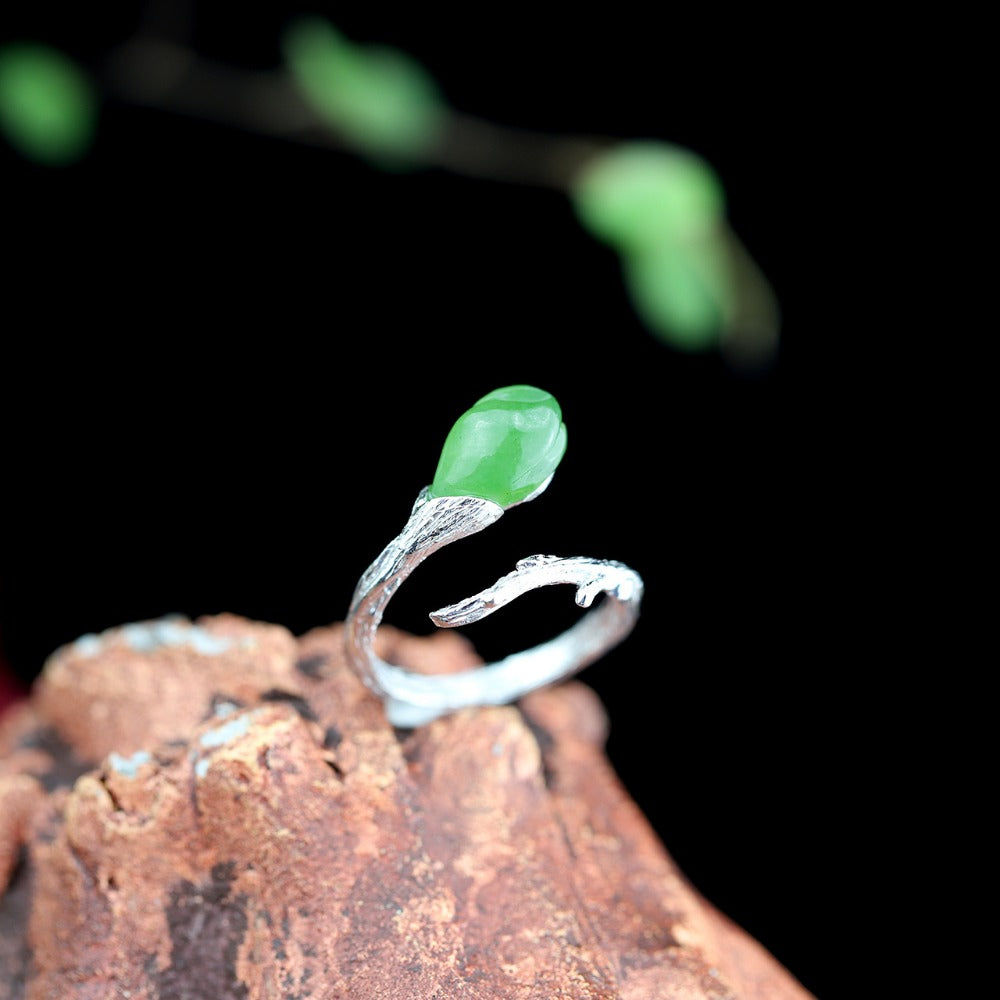Women Ethnic Adjustable Rings 925 Sterling-Silver-Jewelry Hetian Jasper Plant Flower Magnolia 1cm*0.7cm Hand Made Fine Jewelry