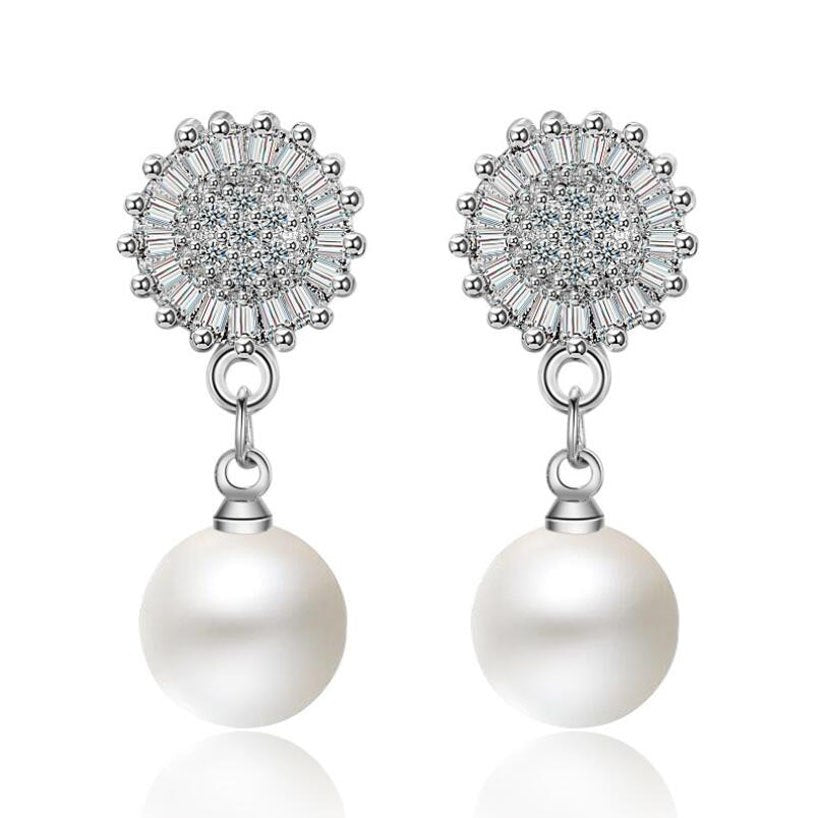 Women Fashion 925 Silver White Zircon Flower Pearl Stud Earrings For Girls Female Rose Gold Wedding Earrings Party Jewelry ED498