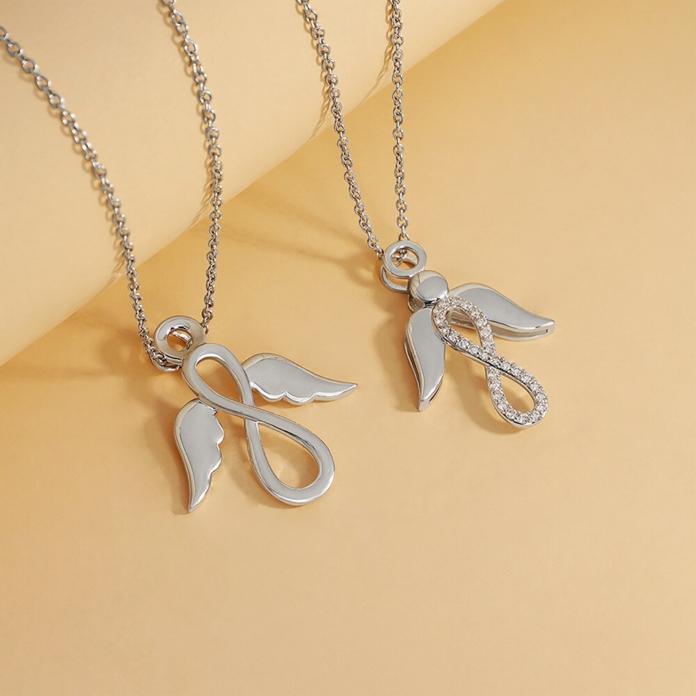 Women Stainless Steel Necklace Crystals Necklace Angel Wings Pendant O-chain Valentines Jewelry Gift