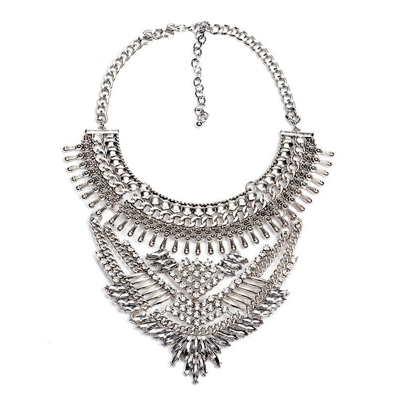 Women Fashion Vintage Maxi Bib White Crystal Silver Color Big Choker Statement Necklace Retro Bohemian Collier Necklace YN1104