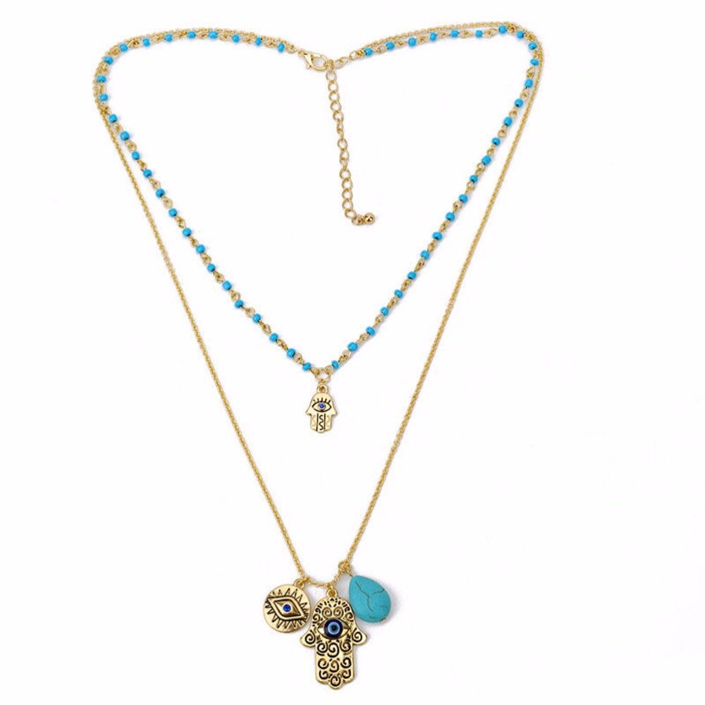 Women Fine Jewelry Charms Blue  Hamsa Hand Necklace Vintage Bead Rammel Necklaces&Pendants