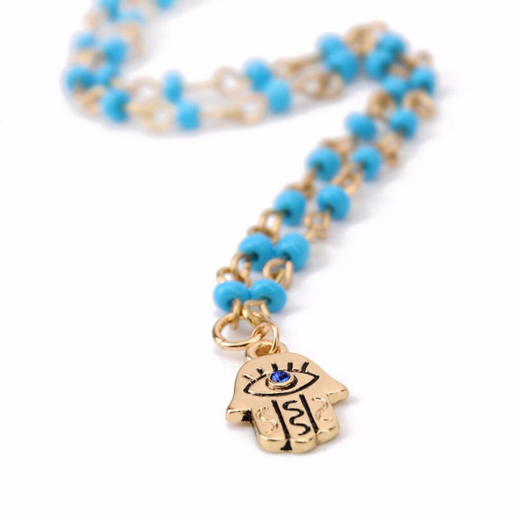 Women Fine Jewelry Charms Blue  Hamsa Hand Necklace Vintage Bead Rammel Necklaces&Pendants