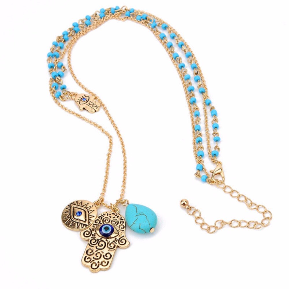Women Fine Jewelry Charms Blue  Hamsa Hand Necklace Vintage Bead Rammel Necklaces&Pendants