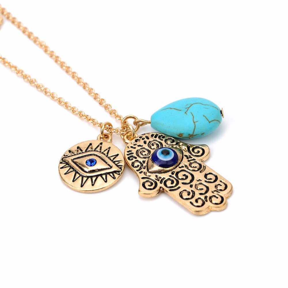 Women Fine Jewelry Charms Blue  Hamsa Hand Necklace Vintage Bead Rammel Necklaces&Pendants