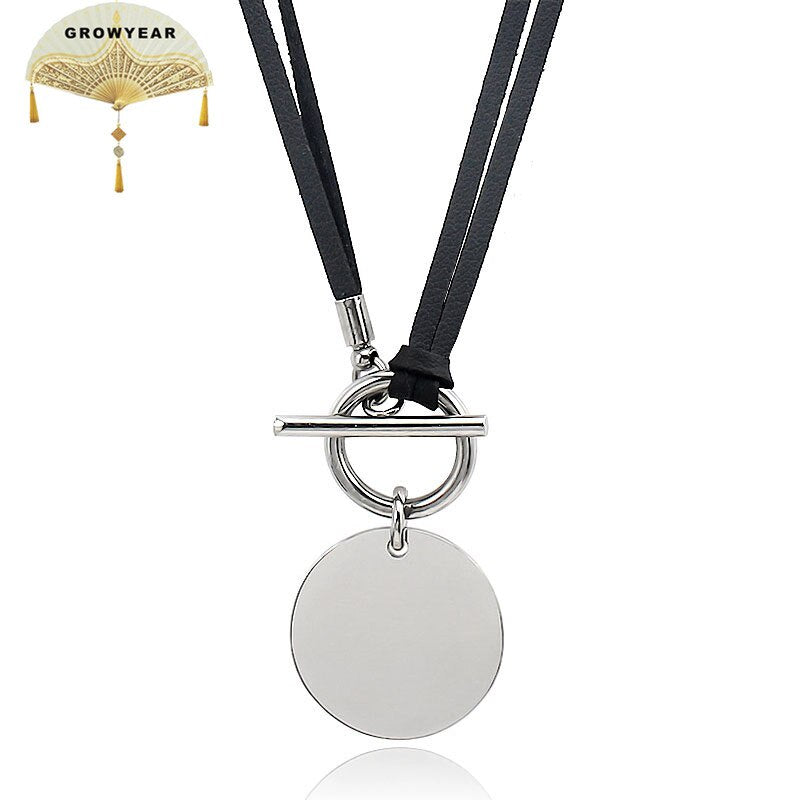 Women Genuine Leather Wax Cord Choker Necklace Stainless Steel Round Pendant Necklace Silver Color Lock Customed Name Necklace