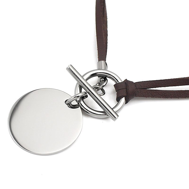 Women Genuine Leather Wax Cord Choker Necklace Stainless Steel Round Pendant Necklace Silver Color Lock Customed Name Necklace
