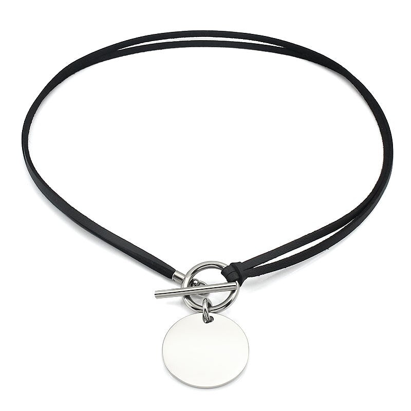 Women Genuine Leather Wax Cord Choker Necklace Stainless Steel Round Pendant Necklace Silver Color Lock Customed Name Necklace