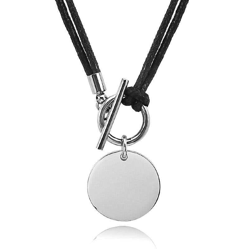 Women Genuine Leather Wax Cord Choker Necklace Stainless Steel Round Pendant Necklace Silver Color Lock Customed Name Necklace