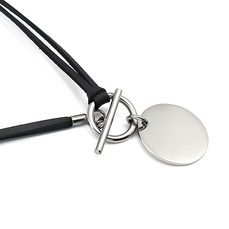 Women Genuine Leather Wax Cord Choker Necklace Stainless Steel Round Pendant Necklace Silver Color Lock Customed Name Necklace