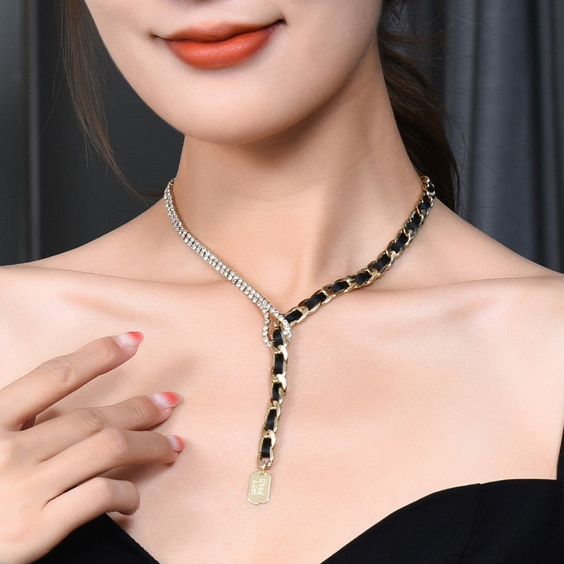 Women Gold Color Pendant Cord Chokers Necklace Thick Chain Toggle Clasp Gold Necklaces Mixed Linked Circle Necklaces