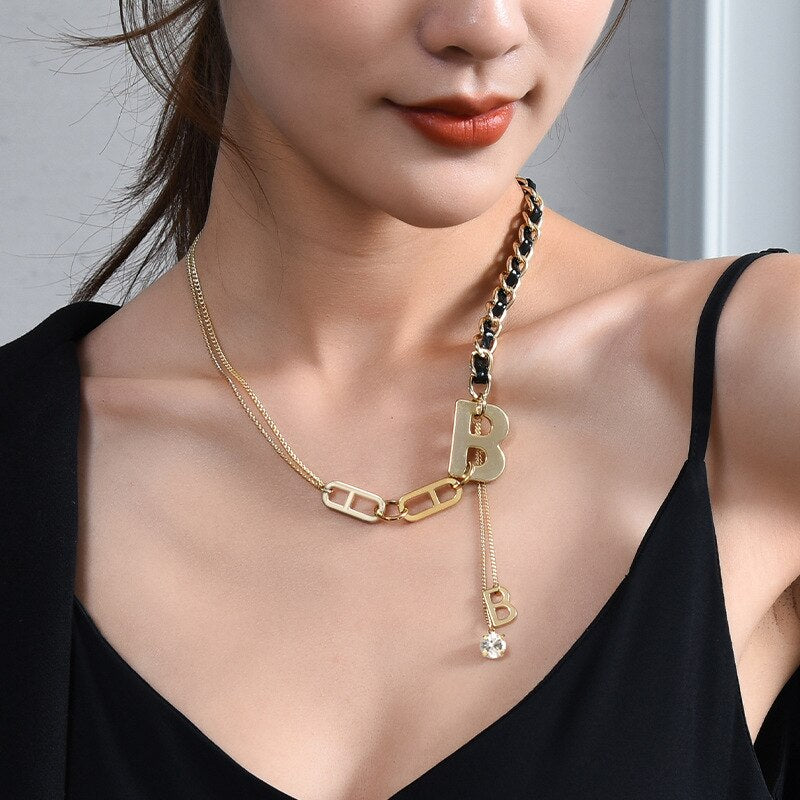 Women Gold Color Pendant Cord Chokers Necklace Thick Chain Toggle Clasp Gold Necklaces Mixed Linked Circle Necklaces