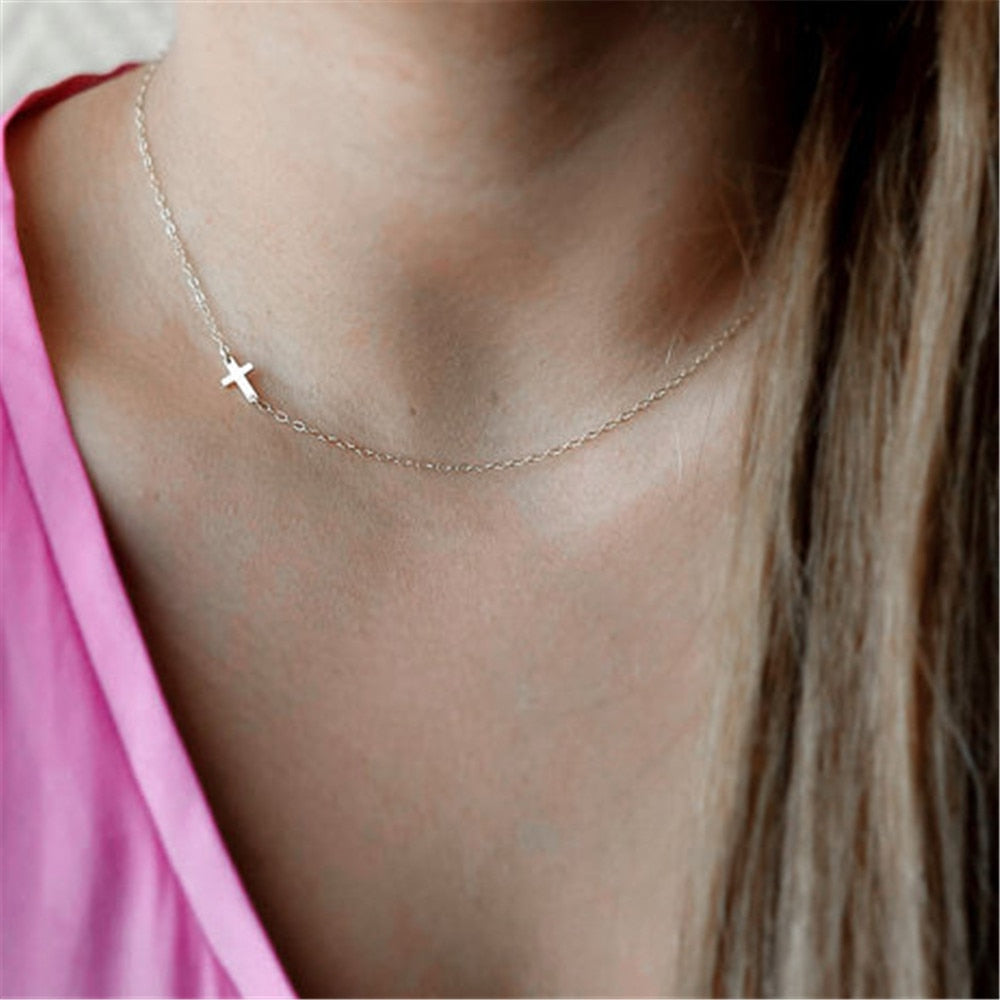 Women Gold Sideways Cross Necklaces Tiny Cross Collares Femme Collares Jewelry Celebrity Chain Choker Necklace bijoux