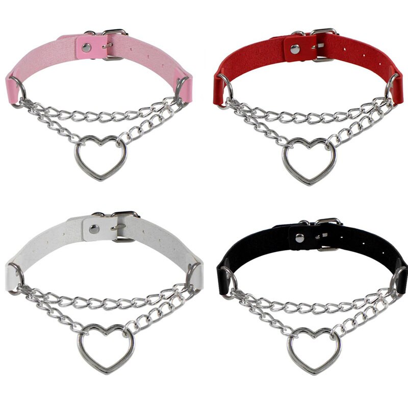 Women Hiphop cute cosplay Maid Collar Punk Gothic Leather Choker Metal Chain Harajuku Adjustable Heart Necklace JewelrC