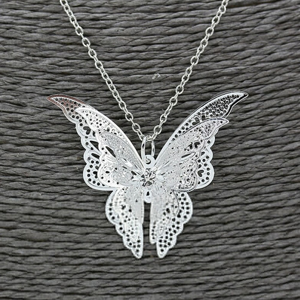 Women Hollow Out Butterfly Pendant Necklace Elegant Silver Plated Long Chain Necklaces Collier Sautoir Fashion Jewelry Gift