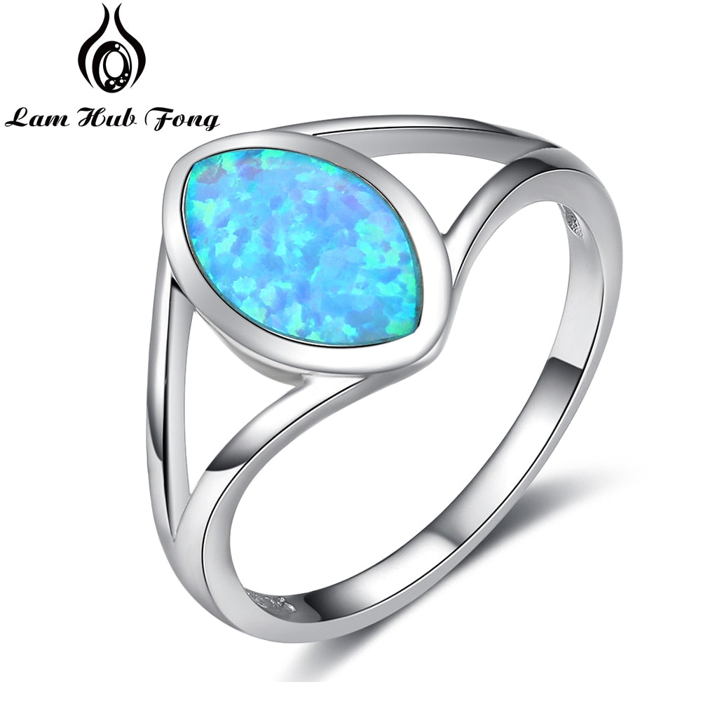 Women Jewelry 925 Sterling Silver Wide Rings Large Oval Blue Opal S925 Ring Finger Size 6 7 8 Fine Gift for Wife (Lam Hub Fong)