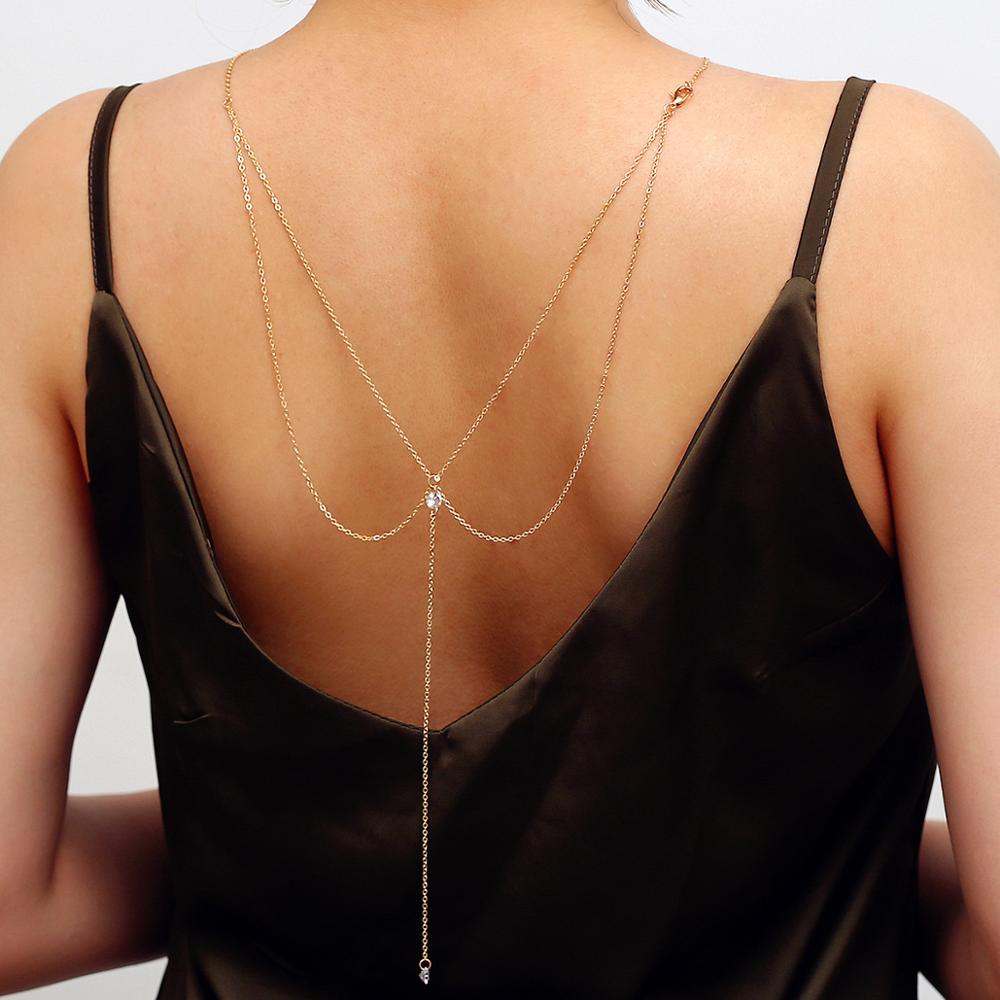 Women Long Necklace Body Sexy Chain Bare Back Gold Silver Color Crystal Pendant Chain Necklace Backdrop Beach Body jewelry